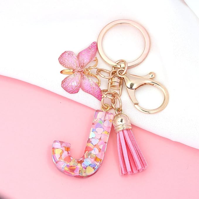Fashion Alphabet Initial Letter Keychain Tassel Butterfly Pendant Key Ring for Purse Handbags Women Girl