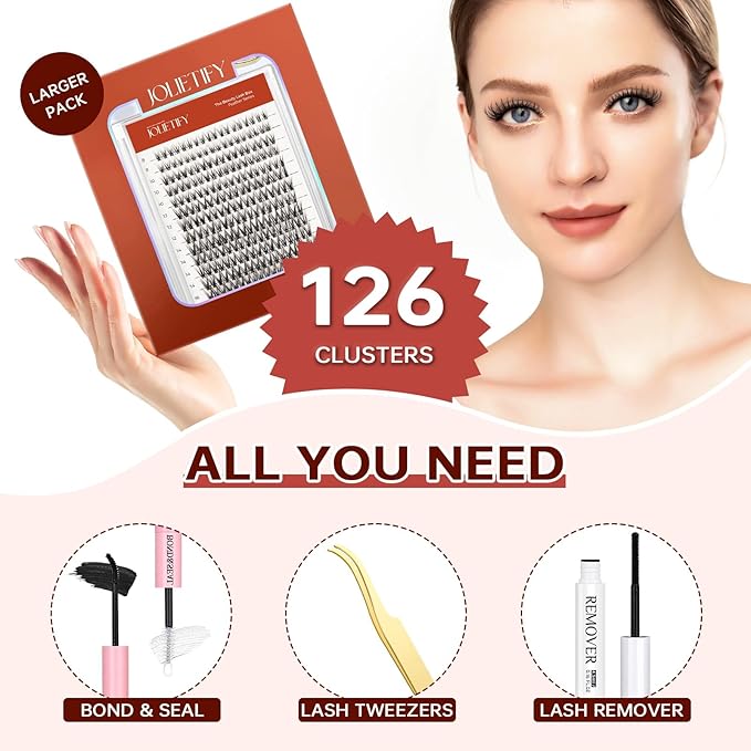 JOLIETIFY Lash Extension Kit, Natural Style, Soft Faux Mink 8-16mm Cluster Lashes, Barely-There Look, Reusable Individual Lashes, Waterproof Bond & Seal, Eyelash Tweezers & Remover, Easy DIY at Home