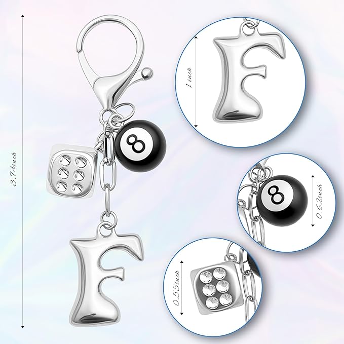 8 Ball Dice Keychain with Silver Bubble Initial - Y2K Aesthetic Cute Bag Purse Charms for Women