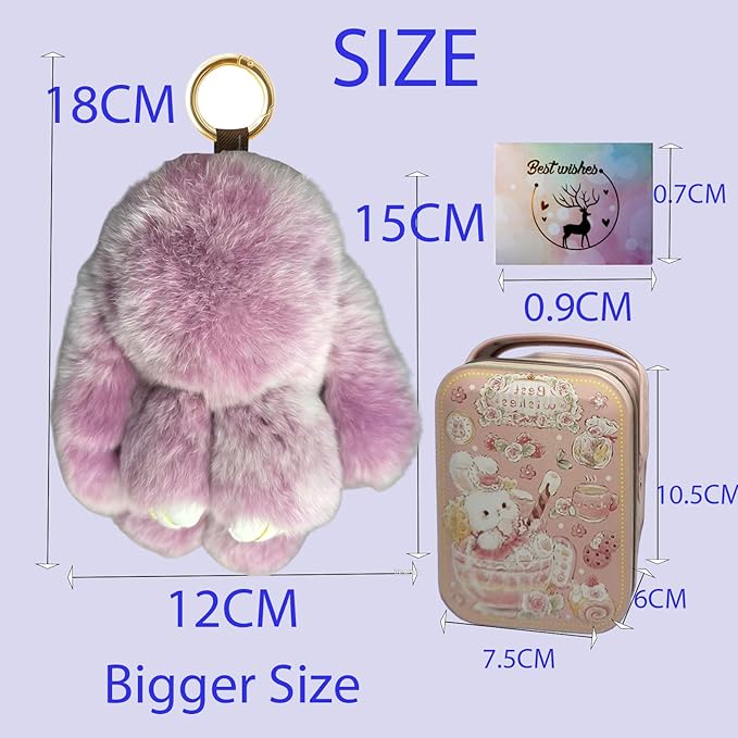 Bunny Keychain with Tin,Bunny Handmade Soft Pompom Charms,Fluffy Keychain Accessories for Womens