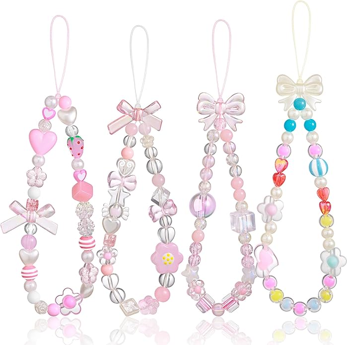 Draupnir 4pcs Phone Charms Strap, Butterfly Bow Camera Strap Wrist Beaded Phone Bracelet Wrist Straps, Pearl Bracelet Lanyard Keychain Charm for Women