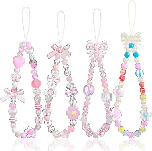 Draupnir 4pcs Phone Charms Strap, Butterfly Bow Camera Strap Wrist Beaded Phone Bracelet Wrist Straps, Pearl Bracelet Lanyard Keychain Charm for Women