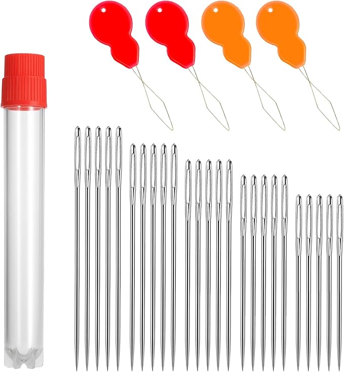 30 PCS Leather Needles for Hand Stitching Large Eye Sewing Needles Heavy Duty 5 Size Hand Sewing Needle Stainless Steel Yarn Knitting Quilting Needle with Threader for Upholstery Carpet Crafts Repair