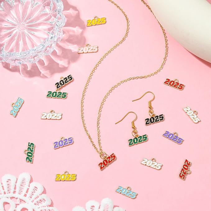 Stiesy 80 Pcs 8 Colors Colorful Enamel 2025 Year CharmsNumber 2025 Letter Graduation Tassels Dangle Charms Bulk for Jewelry Making Crafts DIY Bracelets Necklace Presents