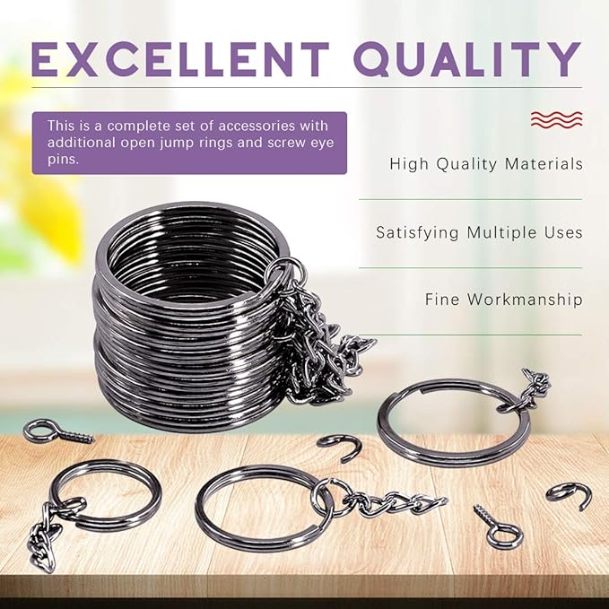 Swpeet 300Pcs Black Flat Key Chain Rings Kit, 100Pcs Keychain Rings with Chain and 100Pcs Jump Ring with 100Pcs Screw Eye Pins Bulk for Jewelry Findings Making - 4/5 Inch, 1 Inch, 6/5 Inch, 7/5 Inch