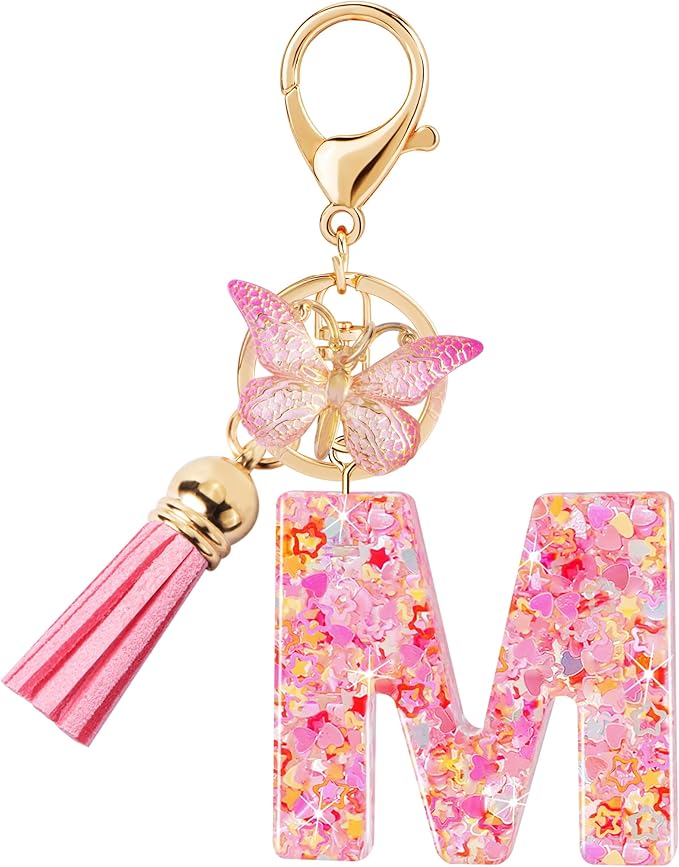 Initial letter Keychains for Women Girls Tassel Butterfly Cute Keychain for Wallet Backpack charm