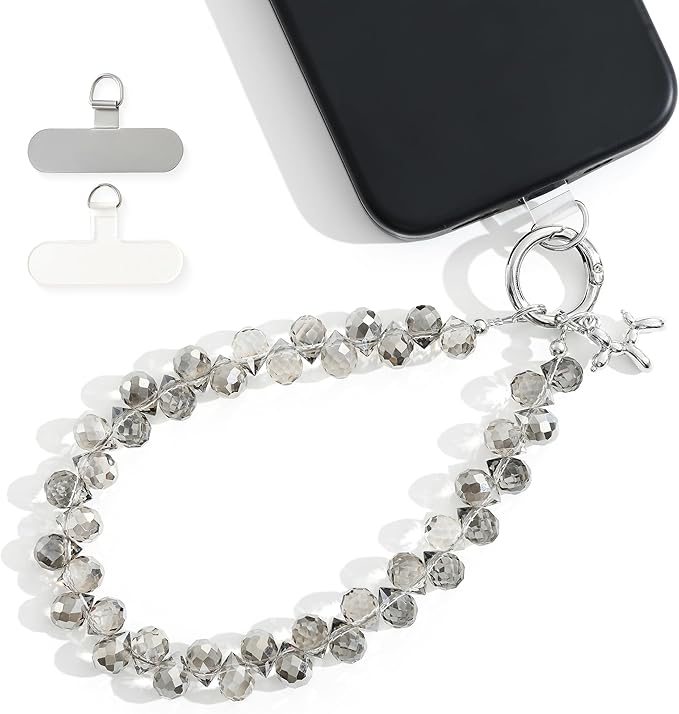 Crystal Phone Wrist Strap Phone Charm Chain Keychain Beaded Cellphone Lanyard with Tether Tab Hands-Free Wristlet Bracelet Wrist Grip Strap for Women, D-Gray