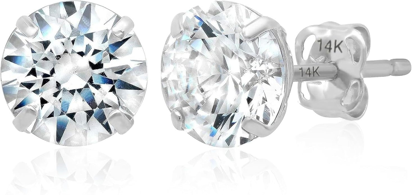 14k Gold Solitaire Round Cubic Zirconia Earrings Studs for Women & Men | Anti Tarnishing CZ Stud Earrings with 14k Gold Butterfly Pushbacks | 4MM-7.5MM by MAX + STONE