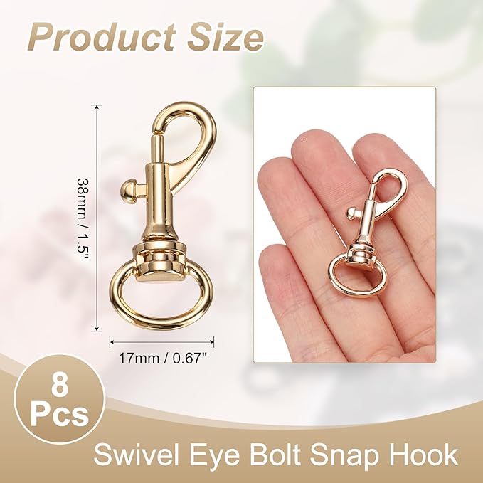 PATIKIL Swivel Eye Bolt Snap Hook 8pcs Single Ended Flag Bolt Snap Clips Metal Hook Trigger Clips for Key Chain Diving Pet Leash Clothes Line, Light Gold