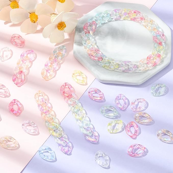 LiQunSweet 100 Pcs Rainbow Color Twisted Oval Transparent Acrylic Plastic Linking Chain Rings Quick Link Connectors for Curb Chain Making - 16x12mm
