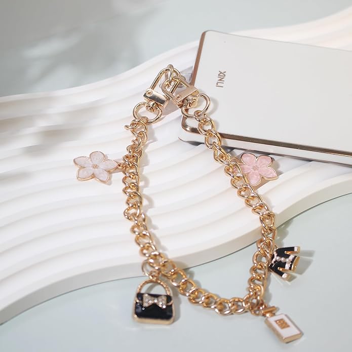 Pearl Beaded Phone Charm Wrist Strap,Cute Bracelet Wristlet Lanyard,Gold Double Chain for Phone Case,Purse Bag Wallet