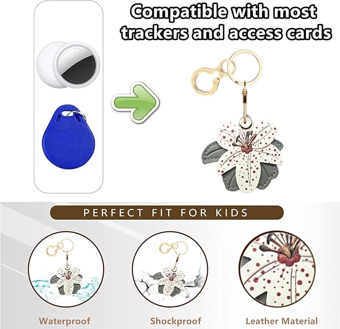 Leather Keychain Holder Case Compatible with AirTag,Cute Protective Cover with Keyring,Anti-Scratch Finder GPS Tracker Case for Wallet Keys,Bag,Pets(Flower A)