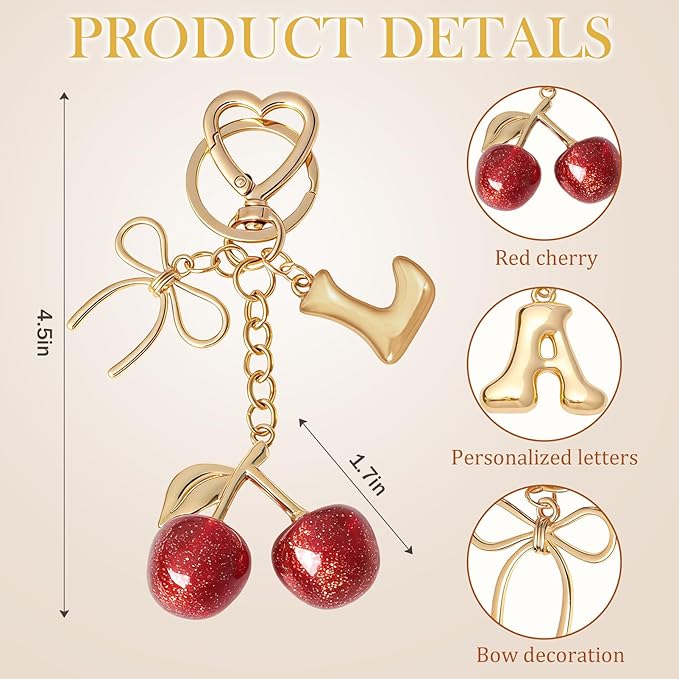 Snycler Bubble Initial Keychain with Cherry & Bow - Gold Letter Bag Charms for Women, Cute Purse Handbag Accessories