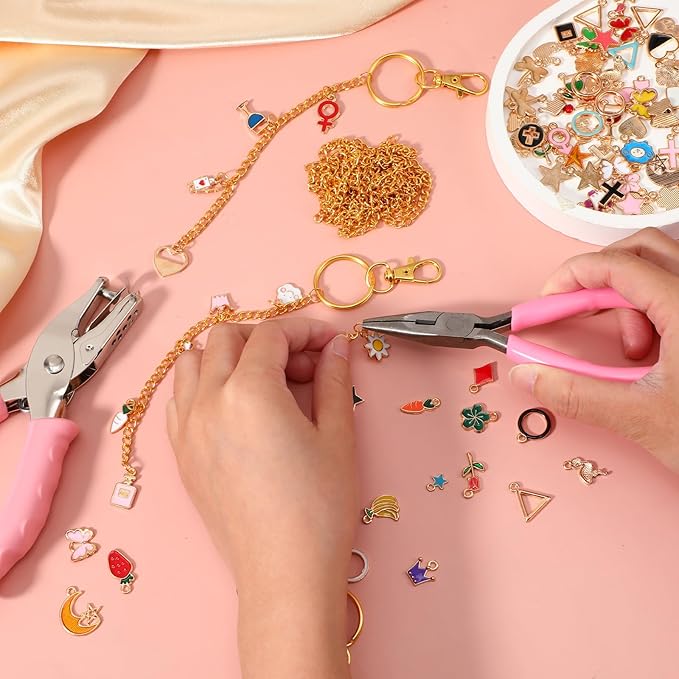 Dimeho 213 Pcs Jewelry Making Kit Keychain Making Including 100 Enamel Charms 10 Keychain Clips 10 Key Rings 100 Jump Rings 1 0 Gold Extender Chain and Plier Hole Punch for DIY Craft Bag Women