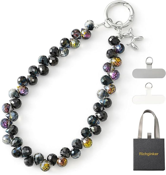Crystal Phone Wrist Strap Phone Charm Chain Keychain Beaded Cellphone Lanyard with Tether Tab Hands-Free Wristlet Bracelet Wrist Grip Strap for Women, D-Black