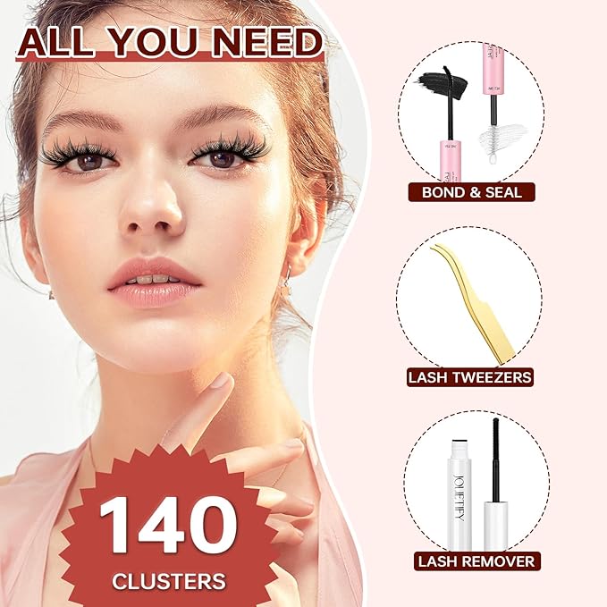 JOLIETIFY Lash Extension Kit, Manga Style Faux Mink 8–16mm Cluster Lashes, Lightweight Spiky Look, Soft & Fluffy, Waterproof Bond & Seal, Reusable Individual Lashes with Tweezers & Remover,DIY at Home
