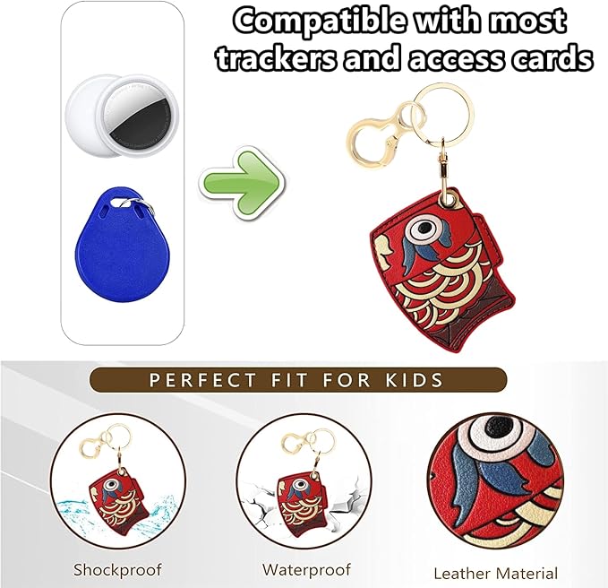 Leather Keychain Holder Case Compatible with AirTag,Cute Protective Apple Air Tag Cover with Keychain Ring,Anti-Scratch Finder GPS Tracker Case for Wallet Keys,Bag,Pets(Red Fish)