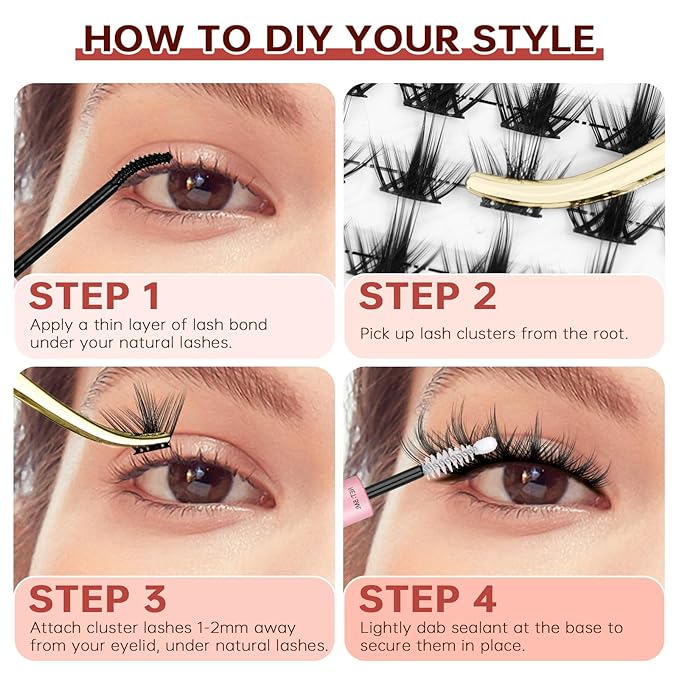 JOLIETIFY Lash Extension Kit, Manga Style Faux Mink 8–16mm Cluster Lashes, Lightweight Spiky Look, Soft & Fluffy, Waterproof Bond & Seal, Reusable Individual Lashes with Tweezers & Remover,DIY at Home