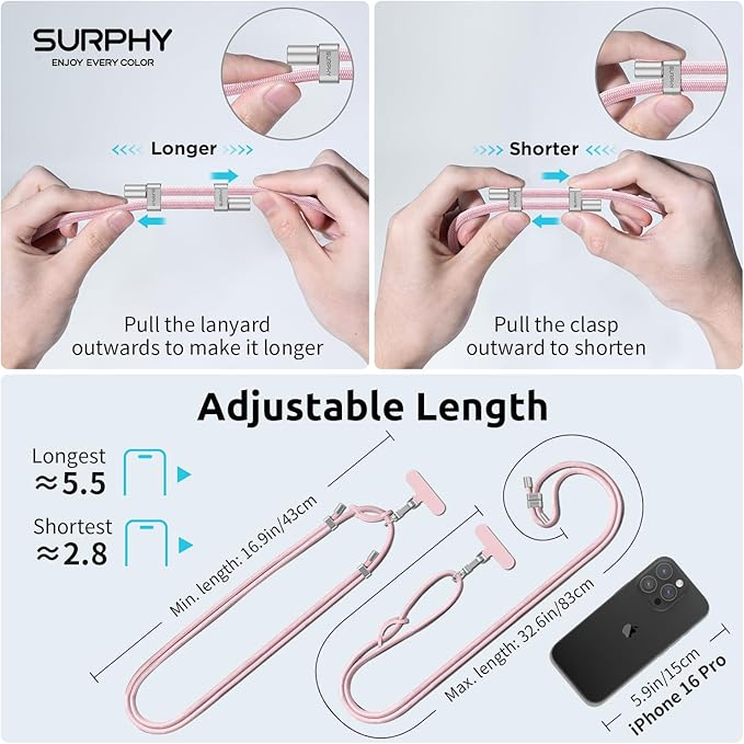 SURPHY Phone Lanyard, Adjustable Phone Strap Crossbody with 2 Pack Cell Phone Tether Tab, Premium Metal Buckles, Skin-Friendly, Universal Cell Phone Lanyard Crossbody for Women and Men, Pink