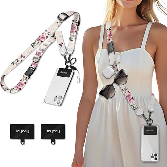 Phone Lanyard Crossbody, Bloom Floral Cell Phone Strap for Around The Neck Adjustable, Flower Teacher Anti Theft Cute Lanyard for iPhone Case ID Holder Keys Accessories Travel Essential