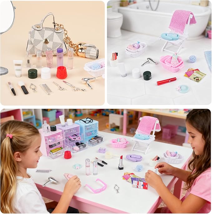 77 Pcs Miniature Dollhouse Accessories, Dollhouse Bathroom Accessories Set with Storage Cases Cosmetic Set Towel Shampoo Perfume Hair Dryer Comb Mask Soap Toiletries Set for Girl Micro Scene