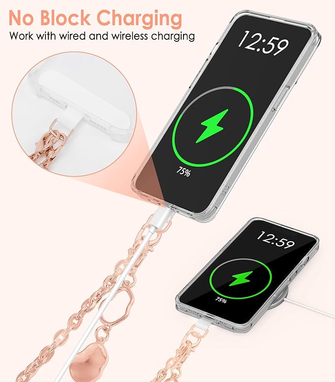 MoKo Universal Phone Lanyard, Metal Cell Phone Chain Crossbody Strap Anti-Theft Detachable Women Cellphone Lanyards Around The Neck with Patches for iPhone, Most Smartphones, Rose Gold