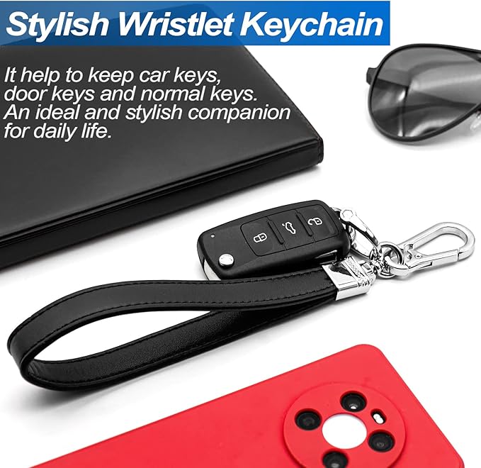 Car Fob Key Chain Genuine Leather Wristlet Strap Keychains Holder for Men and Women, 360 Degree Rotatable, with Anti-lost D-Ring, Carabiner Clip and 4pcs Key Rings, Black