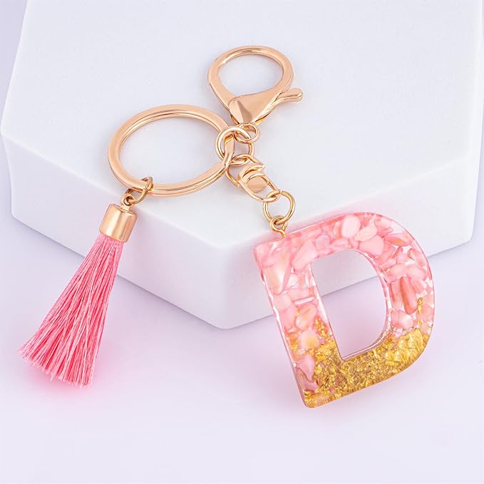 Suweibuke Cute Pink Key Chains for Women Girls, Initial Letter Keychains with Tassel, Charms for Key Purse Handbags Backpacks