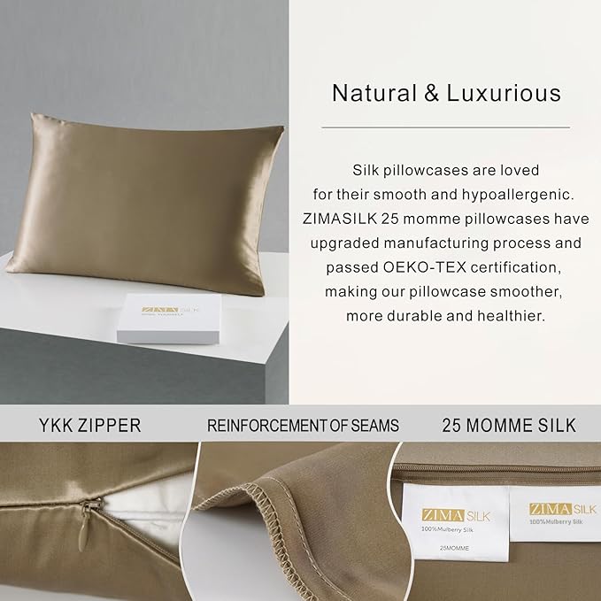 ZIMASILK 25 Momme 100% Pure Mulberry Silk Pillowcase for Hair and Skin Care, Highest Grade 6A Pillow Cases for Women, Long-Lasting Durablity, Gift for Women Men, 1Pc (Standard 20"x26", Taupe)