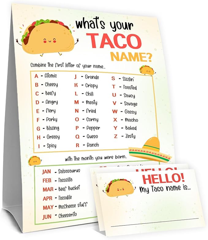 What is Your Taco Name Game Cards,Birthday Party Games for Kids and Adults, Taco Tuesday Party Supplies,1 Taco Name Game Double Sided Sign and 30 Taco Stickers,5x7 Inch