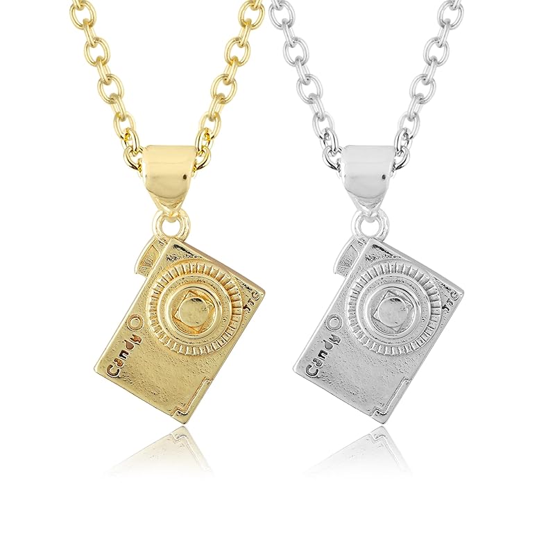 JOR Camera Charm Pendant Necklace, Photography Charm, Men and Women Unisex Jewelry, Dainty Gold & Silver Plated Combo Chain 18 inch (Pack of 2)