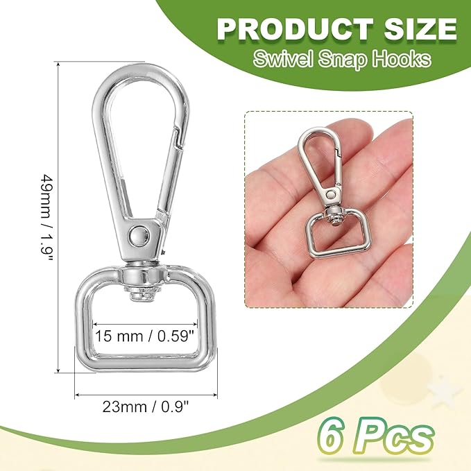 Swivel Snap Hooks, Metal D Ring Keychain Lanyard Clip Hook Lobster Clasp Claw Push Gate Clip - Fitting for(Purse Making - Sewing - DIY Crafts) 6 Pcs & 5/8" & Silver White