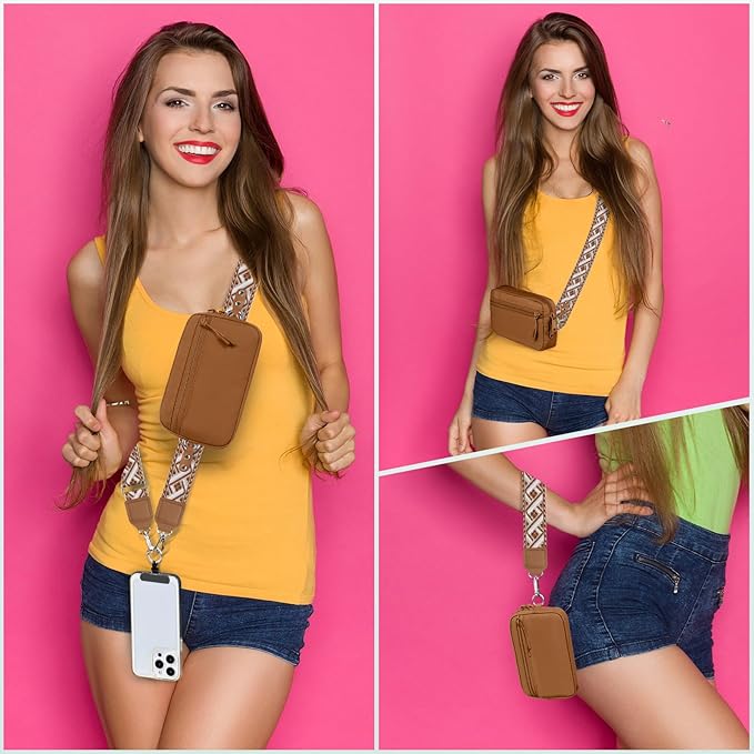 Clip and Go Strap for Phone with Wallet Crossbody, Adjustable Phone Lanyard with Detachable RFID Wristlet Wallet, Pattern Strap - Bronze(L)