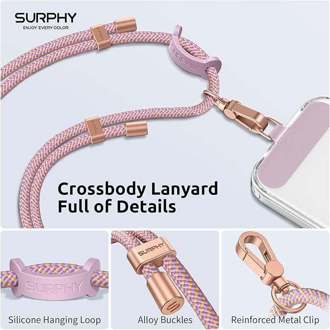 SURPHY Phone Lanyard for Cellphone Case, Phone Strap Crossbody with 2 Pack Tether Tab, Premium Metal Buckles, Cellphone Lanyard Crossbody for Women and Men, Pink & Purple