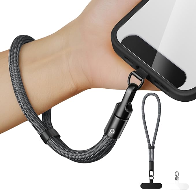 Minimalist Wrist Strap Phone Lanyard with Adjustable Drop-Proof Design, 7mm Reinforced Climbing Rope Material, 2 Phone Tether Tabs (Matching Metal and Rotatable Clear) - Fuscous Grey