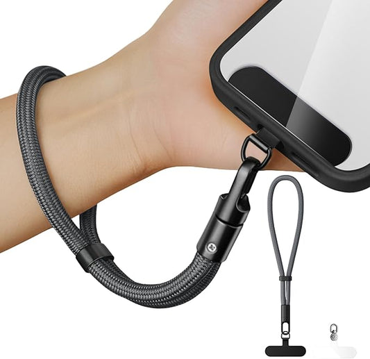 Minimalist Wrist Strap Phone Lanyard with Adjustable Drop-Proof Design, 7mm Reinforced Climbing Rope Material, 2 Phone Tether Tabs (Matching Metal and Rotatable Clear) - Fuscous Grey