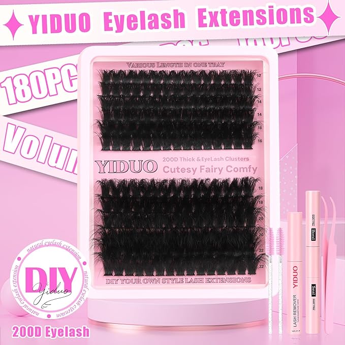 YIDUO Lashes Clusters Kit 200D Volume EyeLash Clusters 12-22MM D Curl Wispy Lashes Extensions Kit 180pcs Thick Individual False eyelashe Extension with Bond and Seal |Tweezers |Removers |Eyelash Brush
