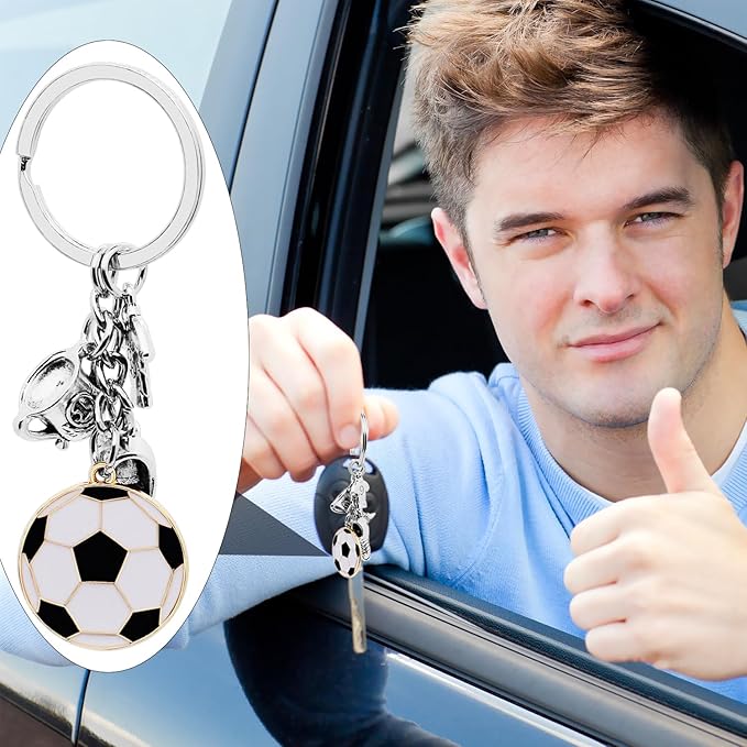 6Pcs Soccer Keychain Alloy Sports Ball Keyrings Soccer Jerseys Soccer Shoes Soccer Trophies Football Charm Key Holder for Women Men Gift or Sports Party Decorations