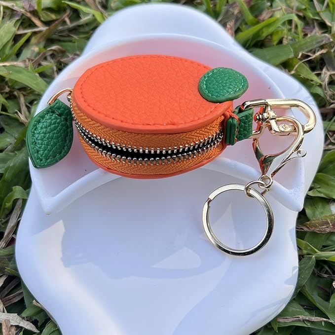 Cute Orange Fruit Coin Purse Keychain – Kawaii Mini Leather Zipper Pouch Bag Charm with Leaf for Women & Girls, Perfect Holiday Gift, Stocking Stuffer, Birthday Party Favor