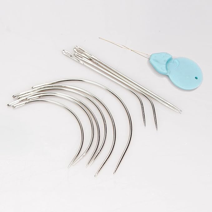 XCZYN Needle and Thread Set Professional Hair Extension Tools 10Pcs Curved Needle with 3Pcs Black Threads for Making Wig DIY Hand Sewing Hair Weave Extension (3 Thread, Black)