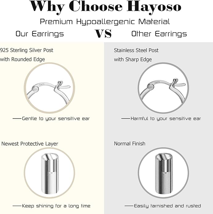 Hayoso 18K Gold Plated Hoop Earrings - 925 Sterling Silver Hoop Earrings Womens Hypoallergenic Hoops | Square Tube Hoop Earrings for Women 15mm/20mm/30mm/40mm