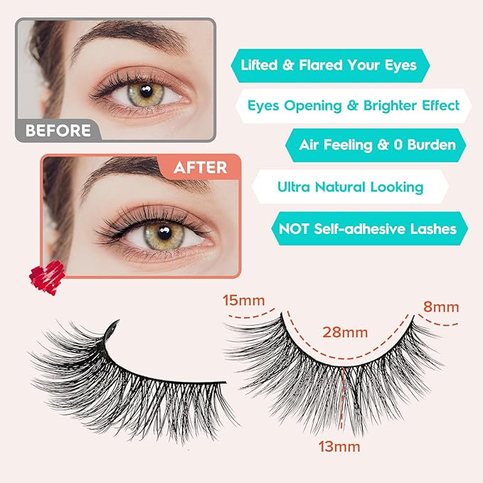 Siligli Cat Eye Lashes - Natural 15mm Wispy False Eyelashes, Thin Band, 3D Volume, Curly, 7 Pair Pack