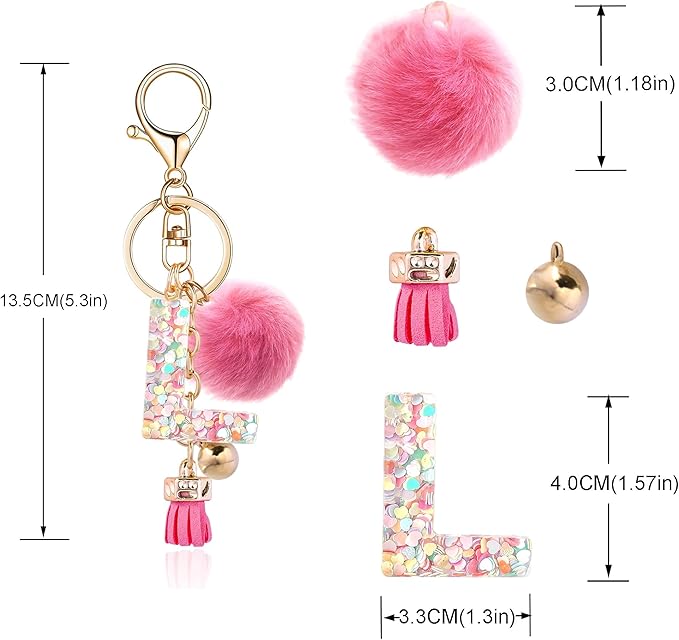 Resin Alphabet Initial Letter Keychain Keyring for Women Purse Handbags With Fur Ball Pom