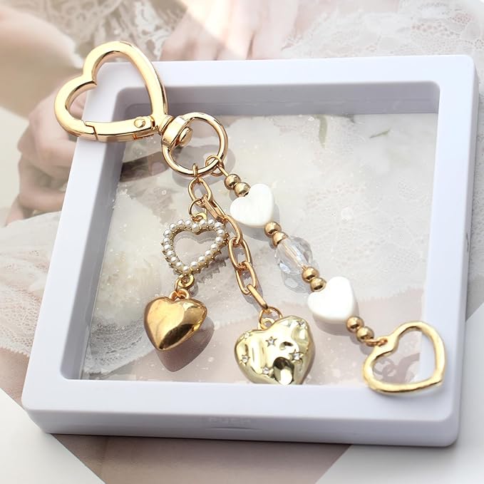 Pearl Beaded Keychain Charms, Cute Purse Charms for Handbags, Gold Starfish Keyring for Women, Heart Star Moon Shell