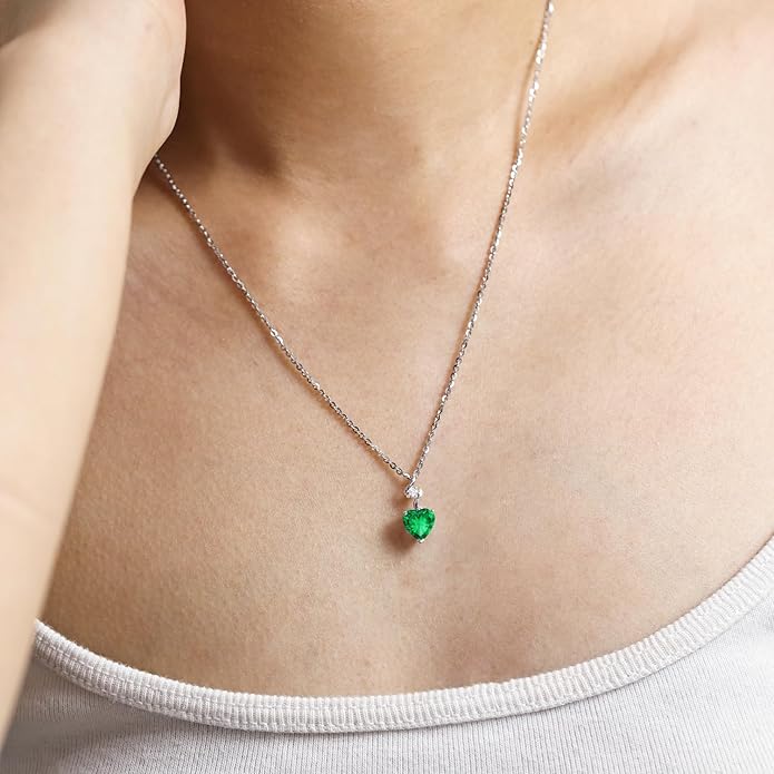 AGVANA Christmas Gifts 14K Solid White Gold Diamond Gemstone Pendant with Sterling Silver Chain 8mm Heart Birthstone Necklace Fine Jewelry Anniversary Birthday Gifts for Women Mom Wife