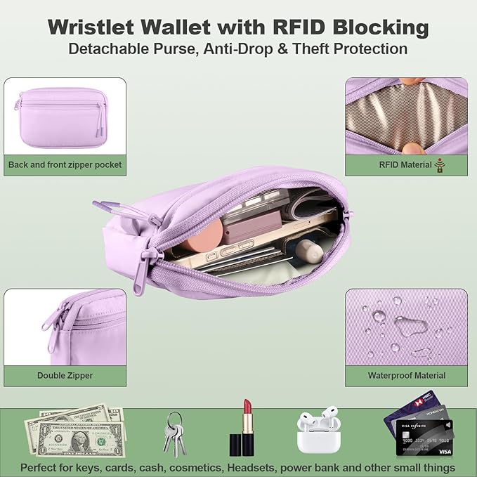 Clip and Go Strap for Phone with Wallet Crossbody, Adjustable Phone Lanyard with Detachable RFID Wristlet Wallet, Pattern Strap, Light Purple(M)
