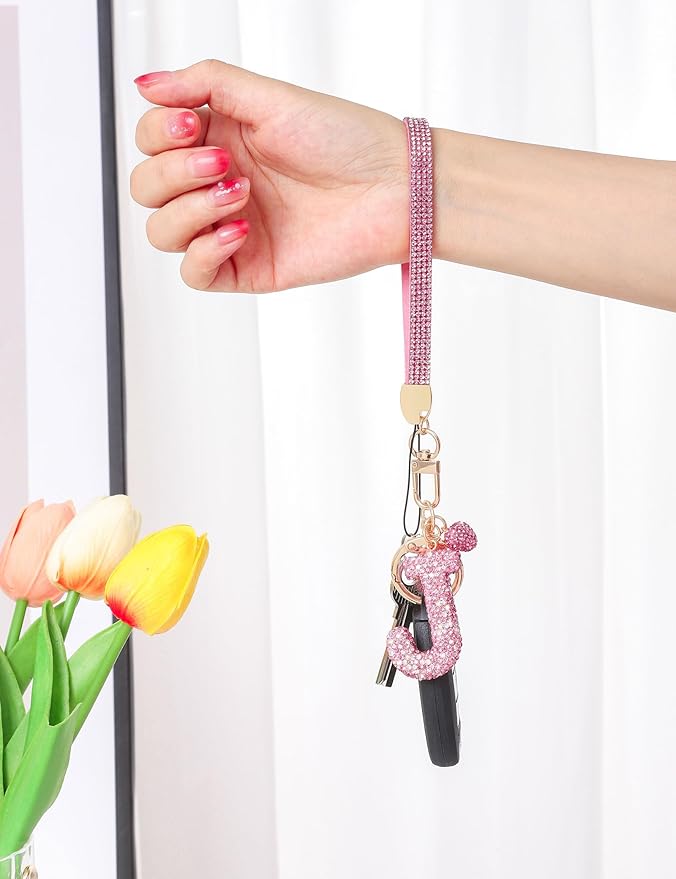 Initial Keychain for Women Girls,Bling Letter Key chain Initial with Heart,Pink Keychain Charms for Backpack Handbag