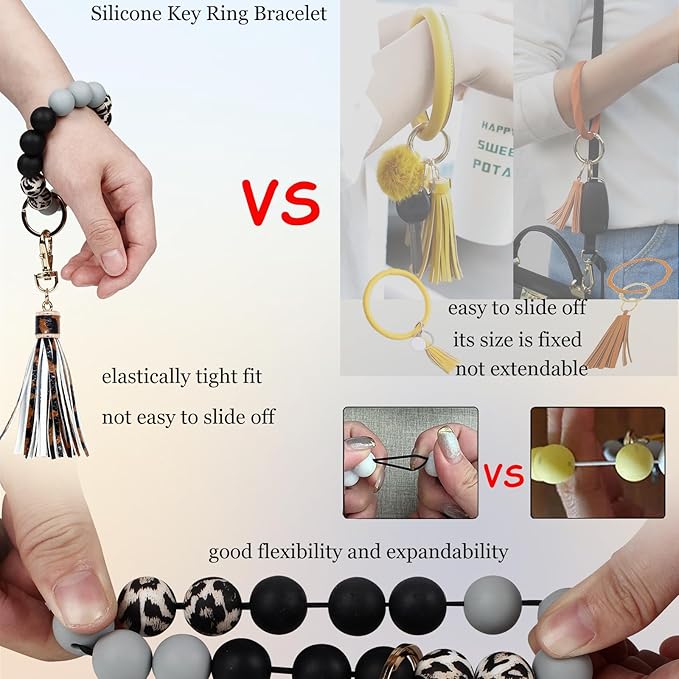 BIHRTC Key Ring Bracelet Car Keychain Holder Wristlet Silicone Women Beaded Bangle Chains