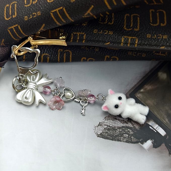 Cute Cat Keychain, Y2K Heart Bow Pendant, Kawaii Cat Bag Charm