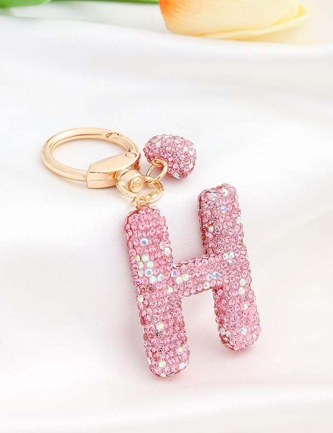 Initial Keychain for Women Girls,Bling Letter Key chain Initial with Heart,Pink Keychain Charms for Backpack Handbag